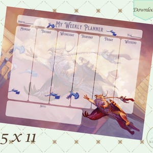 May include: A weekly planner, measuring approximately 21.6 x 27.9 cm, with a fantasy griffin illustration. The planner includes the text "My Weekly Planner" and spaces for each day, month, year, and notes. The design has a download option.
