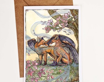 Whisper and Wind: Winged Fox Friendship Card, Pen and Ink Watercolor Art, 5x7 Archival Print, Cherry Blossom Greeting, Pastel Fantasy