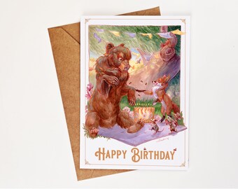 Happy Birthday Bear Greeting Card | Whimsical Bear & Fox Birthday Card | Woodland Animal Art