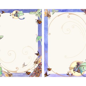 May include: Two-page stationery set with a watercolor design. The pages have a light cream background with a blue border and decorative moths and butterflies. Swirls and a moon are also featured in the design.