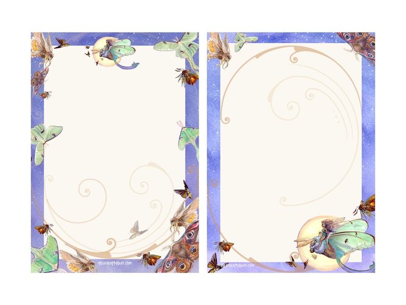 May include: Two-page stationery set with a watercolor design. The pages have a light cream background with a blue border and decorative moths and butterflies. Swirls and a moon are also featured in the design.