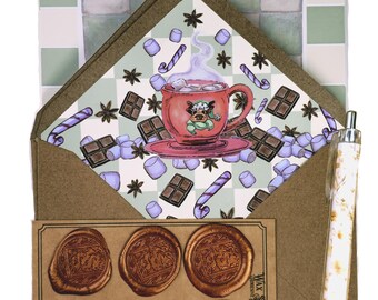 Hot Cocoa Dragon Letter Writing Set - Cozy Winter Stationery Kit with Bronze Wax Seals & Pen - Hygge Gift Box