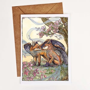 Cartão de felicitações de flor de cerejeira com raposa alada - amizade em aquarela, arte da natureza, arte de fantasia caprichosa, cartão de arte de fantasia 5x7, presente de amigo por correspondência