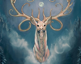 Matted Cernunnos White Stag Art Print Winter Solstice Celtic Myth Gallery Edition Gift