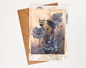 Garden Gryplet Greeting Card | Scientific Field Guide Note Card | Dark Academia Blank Card