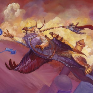 Fantasy Art Print. Hang in There. Magic Style Art. Griffin Rider. Gryphon. Dungeons and Dragons. Dice Games. World of Warcraft. Wall art