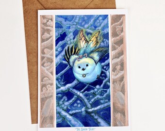 The Snow Fairy Winter Greeting Card - Whimsical Fantasy Art Holiday Card - Blue & Gold Christmas Card with Envelope