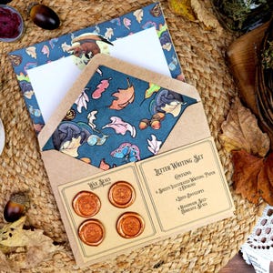 Juego de escritura de cartas de fantasía de zorro otoñal/Juego de escritura de estilo Art Nouveau otoñal/Papelería de estilo vintage con sellos de cera/Papelería de regalo para amigos por correspondencia