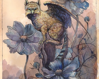 Matted Garden Gryplet Art Print Griffin Gryphon Naturalist Fantasy Gallery Edition Gift