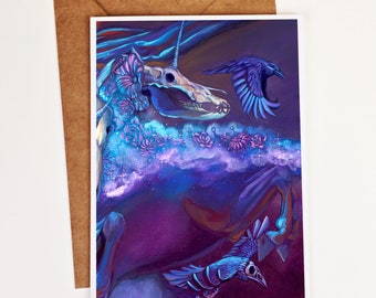 Skeleton Unicorn Art Greeting Card: Dark Fantasy Goth Stationery