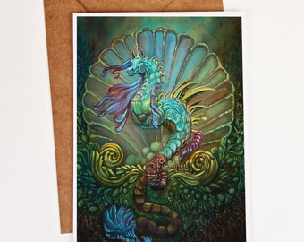 Fantasy Greeting Card. Poseidon's Hippocampus. Unicorn Seahorse. Sea Creature. Mythical Creature. Greek mythology.Stationary. Handmade Card.
