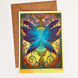 Carte de voeux d'ailes de fée. Bosquet des fées. Papeterie vierge Fairycore. Correspondants d'écriture. Amoureux des jardins de fées. Forêt fantastique lunatique.