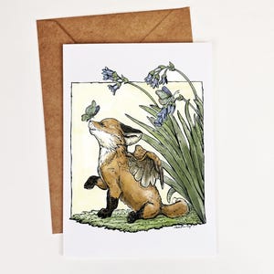 Kit renard ailé et carte papillon - scène de jardin printanier, illustration fantastique, carte de voeux d'archives 5 x 7