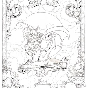 May include: A black and white line drawing of a cat with bat wings sitting on a book. The cat is wearing glasses and has a serious expression. The cat is surrounded by clouds, stars, and flowers. There is a cauldron, a crystal ball, and other magical objects in the background.