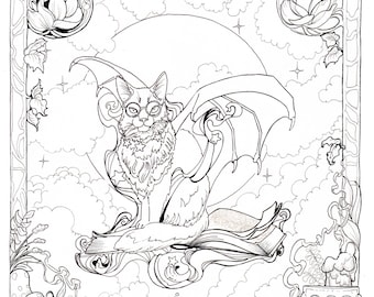 Cat with Dragon Wings Coloring Page, Witch, Magic Spell, Full Moon Forest, Fantasy Art Digital Download, Goth Witch Ephemera Coloring Page