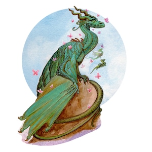 Adesivo de Dragão Verde Jade Fantasia. Decalque de Arte Aquarela de Dragão de Bosque de Cerejeira. Adesivo de Vinil de Dragão para Laptop. Adesivo de Diário de Fantasia.