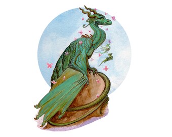 Fantasy Jade Green Dragon Sticker. Cherry Blossom Grove Dragon Watercolor Art Decal. Dragon Vinyl Laptop Sticker. Fantasy Journal Sticker.