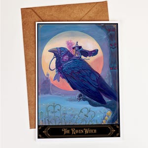 Witch Riding Raven Art Print: Gothic Halloween Greeting Card