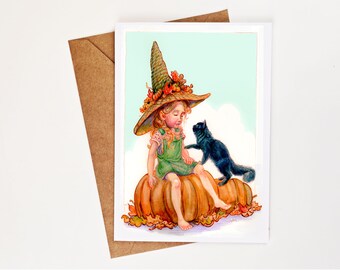 Harvest Witch Greeting Card | Autumn Witch and Cat Note Card | Spooky Cute Halloween Card