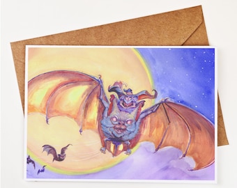 Little Witch Greeting Card | Witch Riding Bat Halloween Card | Spooky Cute Fantasy Art