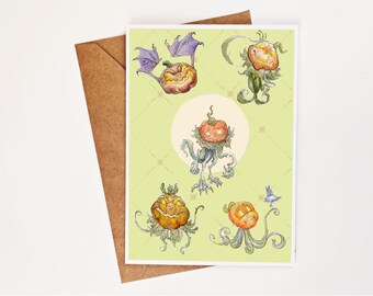 Pumpkin Creature Greeting Card | Spooky Cute Halloween Card | Autumn Fantasy Art