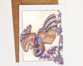 Dawn's Early Messengers Barn Owl Greeting Card-Fantasy Art Stationery-Tree-Free Cotton Paper-Whimsical Mouse Shaman & Pink Forsythia Art