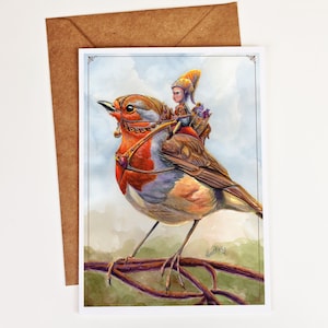 Personalized Fairy Art Greeting Card. Robin Rider. Mother's Day Gift. Nature Lover Gift. Fantasy Fairy. Garden Gnome. Fantasy Forest Art.