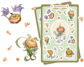 Pumpkin Creature Sticker Sheet | Spooky Cute Halloween Stickers | Autumn Planner Stickers | Vintage Fall Art