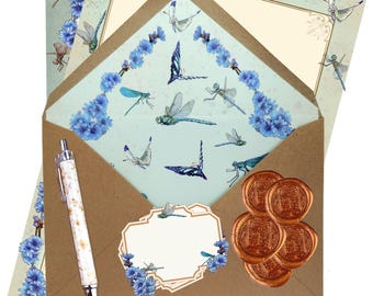 Dragonfly and Chicory Stationery Set - Botanical Nature Journal Letter Writing Kit - FSC Paper