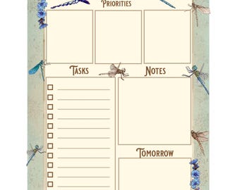 Daily Planner Pad with Dragonfly & Chicory Art, 50 Page To-Do List Notepad, Whimsical Botanical Desk Accessories