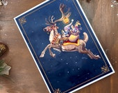 Fantasy Art Card-A Timely Delivery- Santa's Elf- Christmas Card- Santa's Reindeer- Whimsical Fairy-Greeting Card