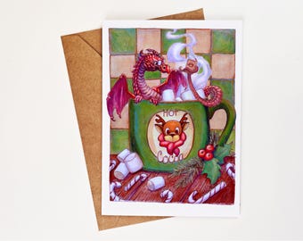 Hot Cocoa Dragon Christmas Card - Funny Dragon Holiday Card - Cozy Winter Greeting for Book Lovers - Hygge Art Card
