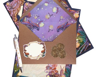 Whimsical Mushroom Stationery Set - Firefly Study Fairy Snail Cottagecore Writing Kit