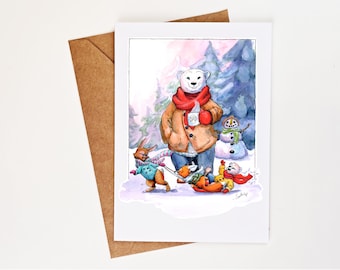 Snow Day Polar Bear Greeting Card - Funny Winter Dad Card - Sledding Animals Holiday Card - Cute Bear Illustration
