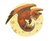 Playful Autumn Fox Die Cut Sticker. Woodland Fantasy Flying Fox, Magical Creature decal, Falling leaves Nature Sticker