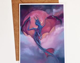 Dragon Art Greeting Card-Chaos Dragon Full Moon-Dragon Mini Print-Red Moon Stormy Night-Archival Frameable Art Card-Dragon Love Pen Pals