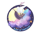 Celestial Ship of Dreams Vinyl Sticker. Aesthetic and Durable for Laptops, Journals & More. Approx 4x 3.75 inch. Fantasy Flying Ship Sticker