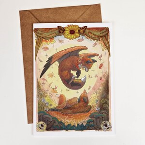 Carte de voeux espiègle de renard d'automne. Ambiance chaleureuse automnale. Feuilles d'automne. Renard volant fantastique. Renard avec des ailes. Cadeau correspondant. Mini impression renard fantastique