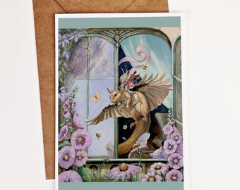 Winged Squirrel & Fairy Greeting Card - Seamstress Art, Garden Scene, Fantasy Illustration, Archival 5x7 Greeting Card