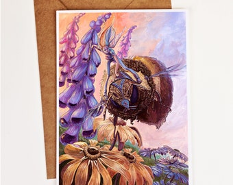 Fairy Bumblebee Fantasy Greeting Card. Fairy lovers pen pals. Cottagecore Flowers. Fairycore. Fairy Gardener Stationary. Flower Fairy Art.