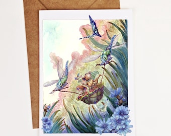 Mystic Dragonfly Ferry Greeting Card - Mother Daughter Mouse Shaman Art - Tree-Free Paper