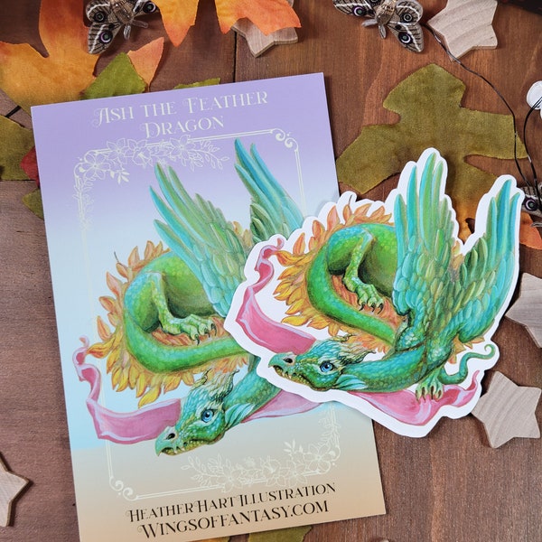 Fantasy Dragon Sticker. Ash Tree Dragon. Laptop Sticker. Junk Journal. Feather Dragon. Mythical Creature. Pagan Art. Stationary.