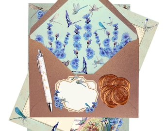 Whimsical Mouse Stationery Folder, Cottagecore Letter Writing Kit, Dragonfly Art Botanical Note Cards, Wax Seal Garden Gift Set