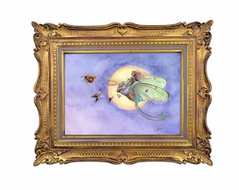 Lunar Moth Fairy Flight Art Print | Celestial Fantasy Watercolor Gouache | 5x7 Mystical Nature Decor
