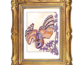 Matted Barn Owl Shaman Art Print 5x7 Whimsical Storybook Fantasy Mystic Pink Flower Decor