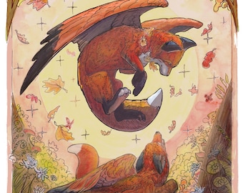 Matted Playful Autumn Fox Art Print Winged Fox Illustration Art Nouveau Gallery Edition