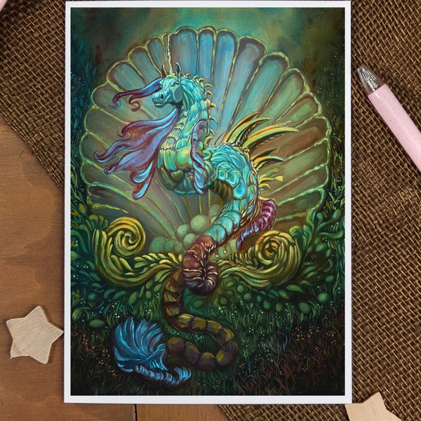 Fantasy Greeting Card. Poseidon's Hippocampus. Unicorn Seahorse. Sea Creature. Mythical Creature. Greek mythology.Stationary. Handmade Card.