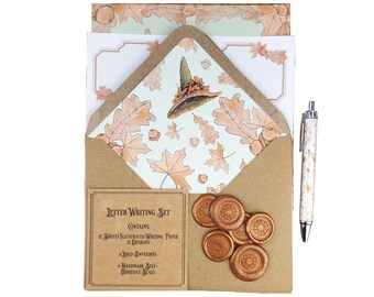 Harvest Witch Stationery Set | Autumn Witch and Cat Notepaper | Cottagecore Letter Writing Kit with Labels & Pen