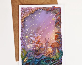 Cottagecore Mushroom Firefly Greeting Card - Whimsical Fairy Snail Tree Free Art Card