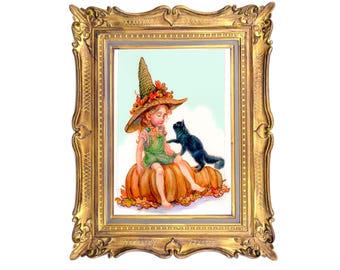 Little Harvest Witch & Familiar" Archival Art Print - Green Witch Garden Magic